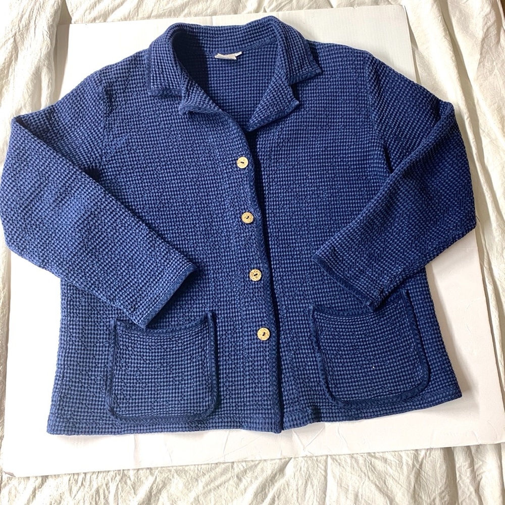 FOCUS WMNS 100% COTTON Navy Blue Waffle Knit Wood Button Down Pockets relaxed